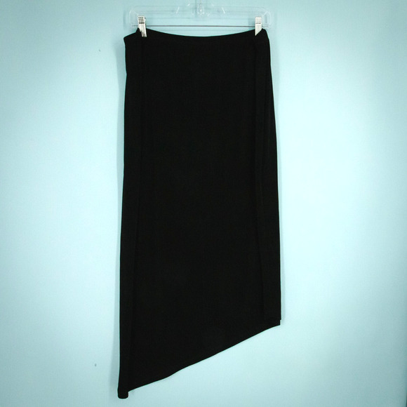 Chico's 3 Size XL Black Travelers Asymmetrical Pull On Stretch Midi Knit Skirt - Picture 2 of 5